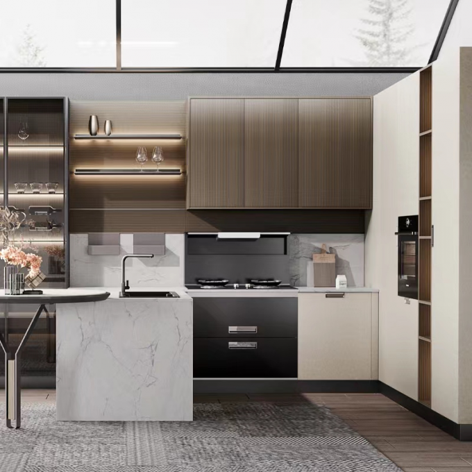Modern Wooden Open Hotel Kitchen Cabinets Sets Quartz Counter 0