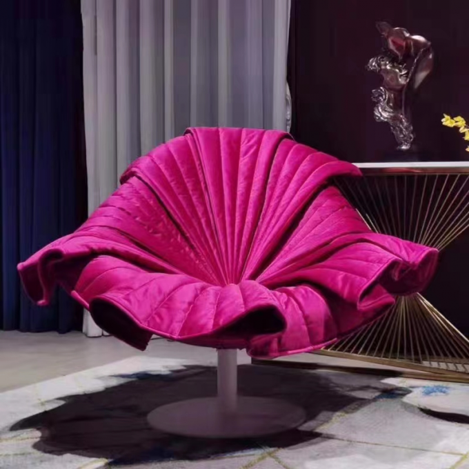 Nordic Light Luxury Velvet Flower Petal Chair Hotel Showroom Stainless Steel Base 3