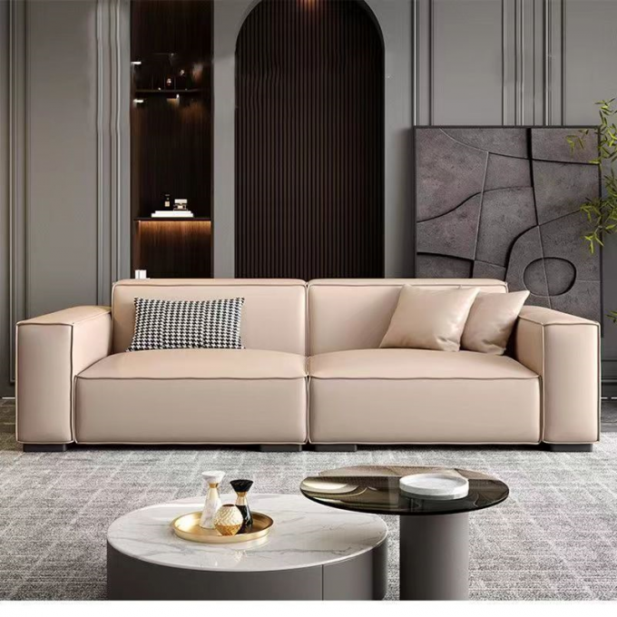 Leather Custom Sofa Bed Straight Row Minimalist Living Room Head Layer Cowhide Caramel Color 0