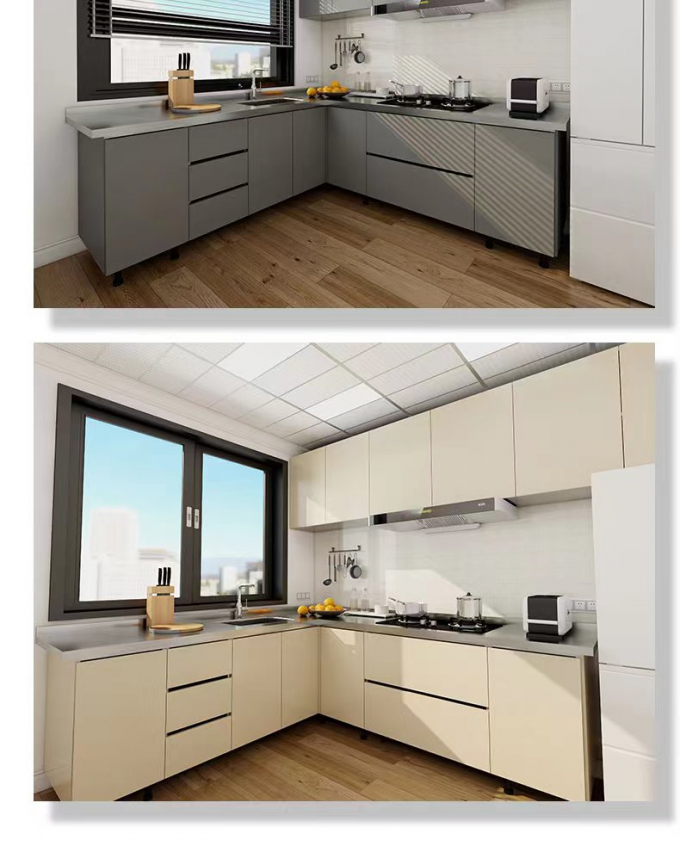 Quartz Stone Hotel Kitchen Cabinets Durable Metal Frame Scratch Resistant 3