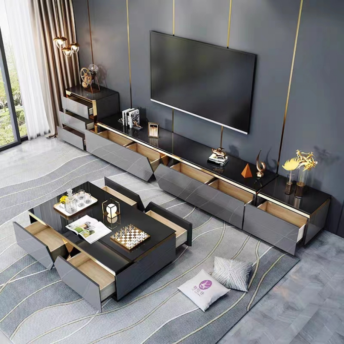 Rock Plate Hotel Room Cabinets Luxury TV Cabinet Sets Hotel Room Black Glass 3
