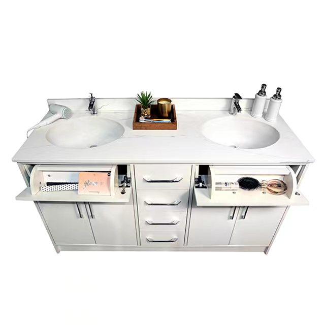 White 60 Inch Hotel Room Cabinets Double Sink Floor Mounted Cabinets Custom 0