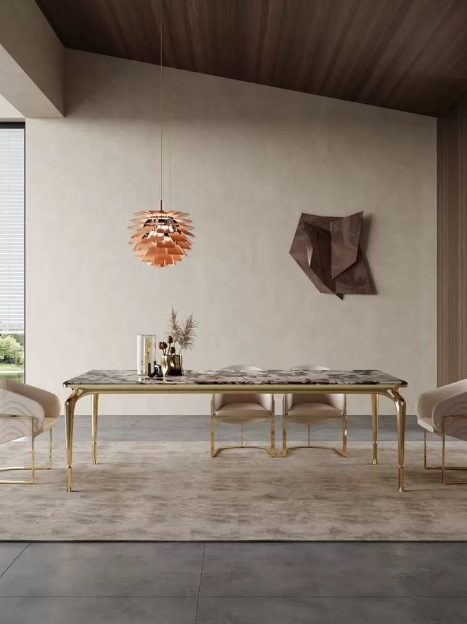 Italian Hotel Restaurant Furniture Rectangular Natural Marble Stainless Steel Metal Dining Table 0