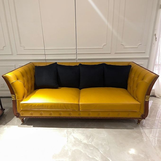 Vintage Hotel Lobby Furniture Wooden Frame Chesterfield Leather Villa Sofa Set 2